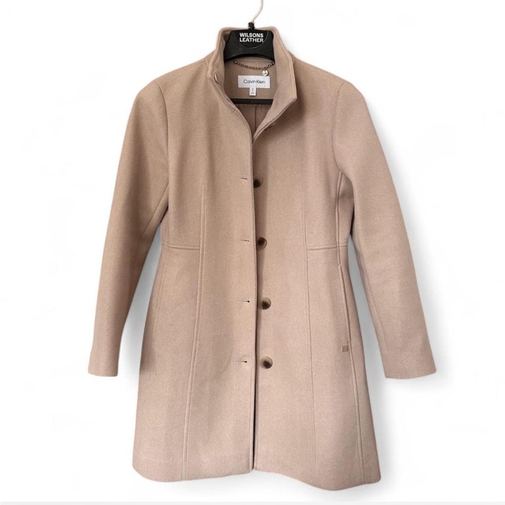 Calvin Klein Women's Stand Collar Peacoat - Small, Tan/Khaki